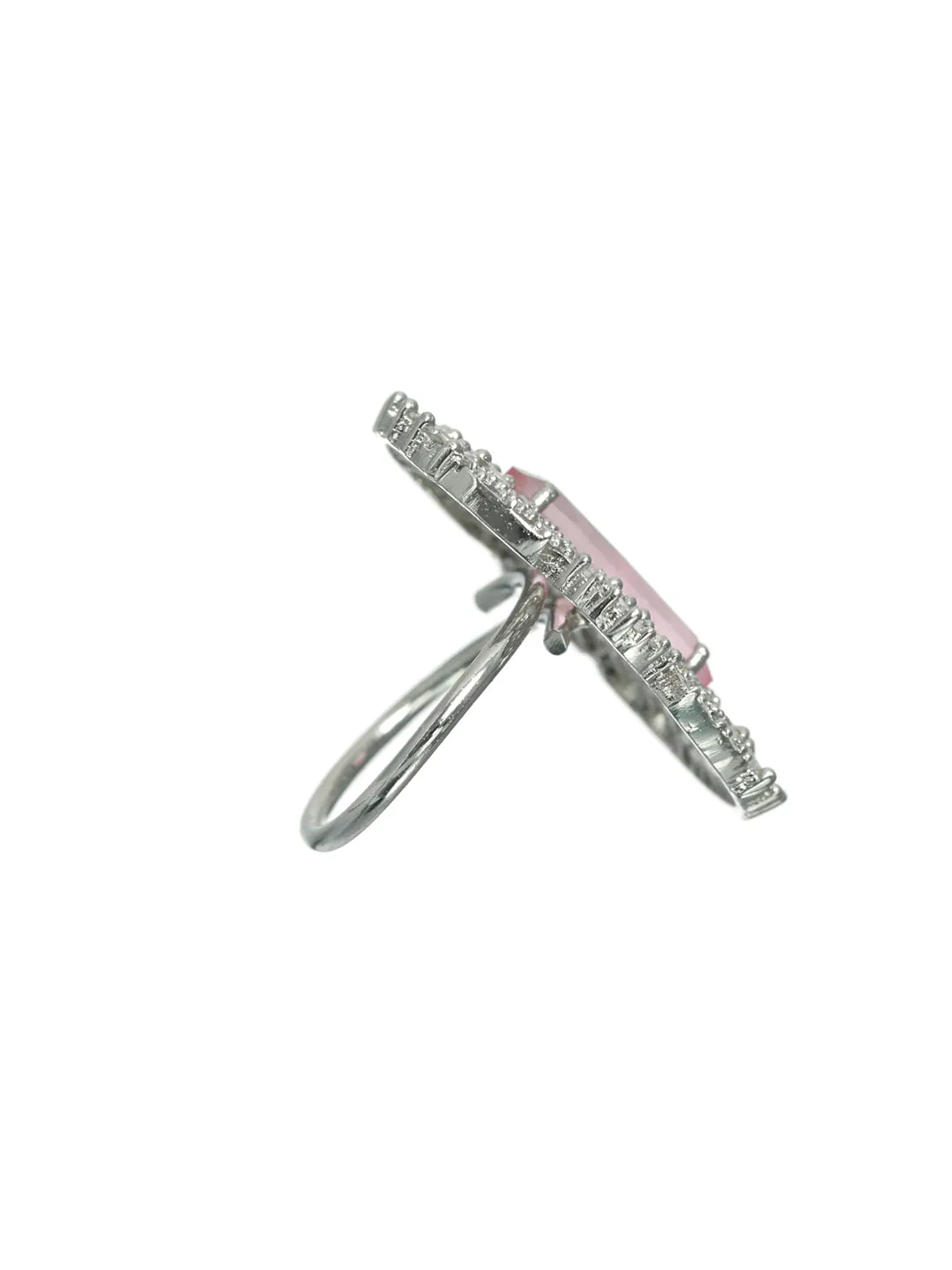 Pink American Diamond Studded,Silver-Plated Cz Studded Adjustable Finger Ring