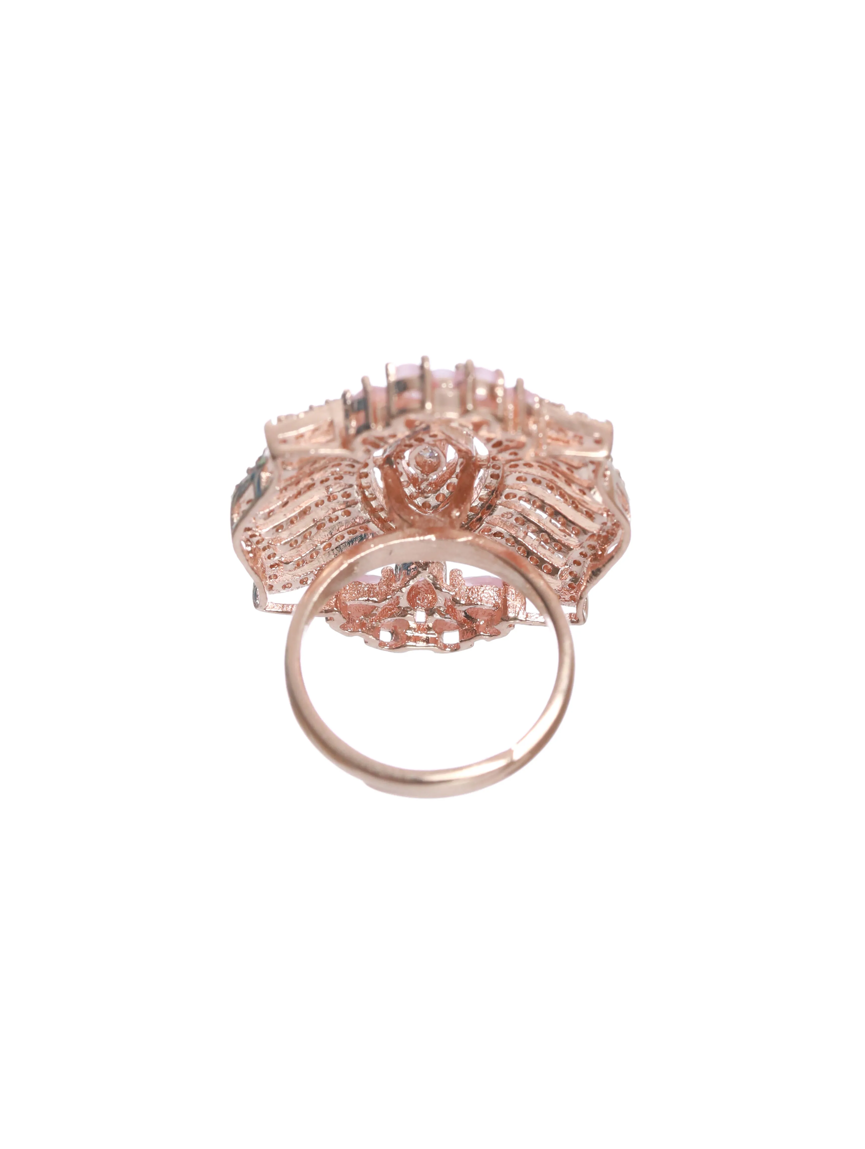 Pinkish Red Rose Gold Plated American Diamond Studded Adjustable Square Shaped Finger Ring