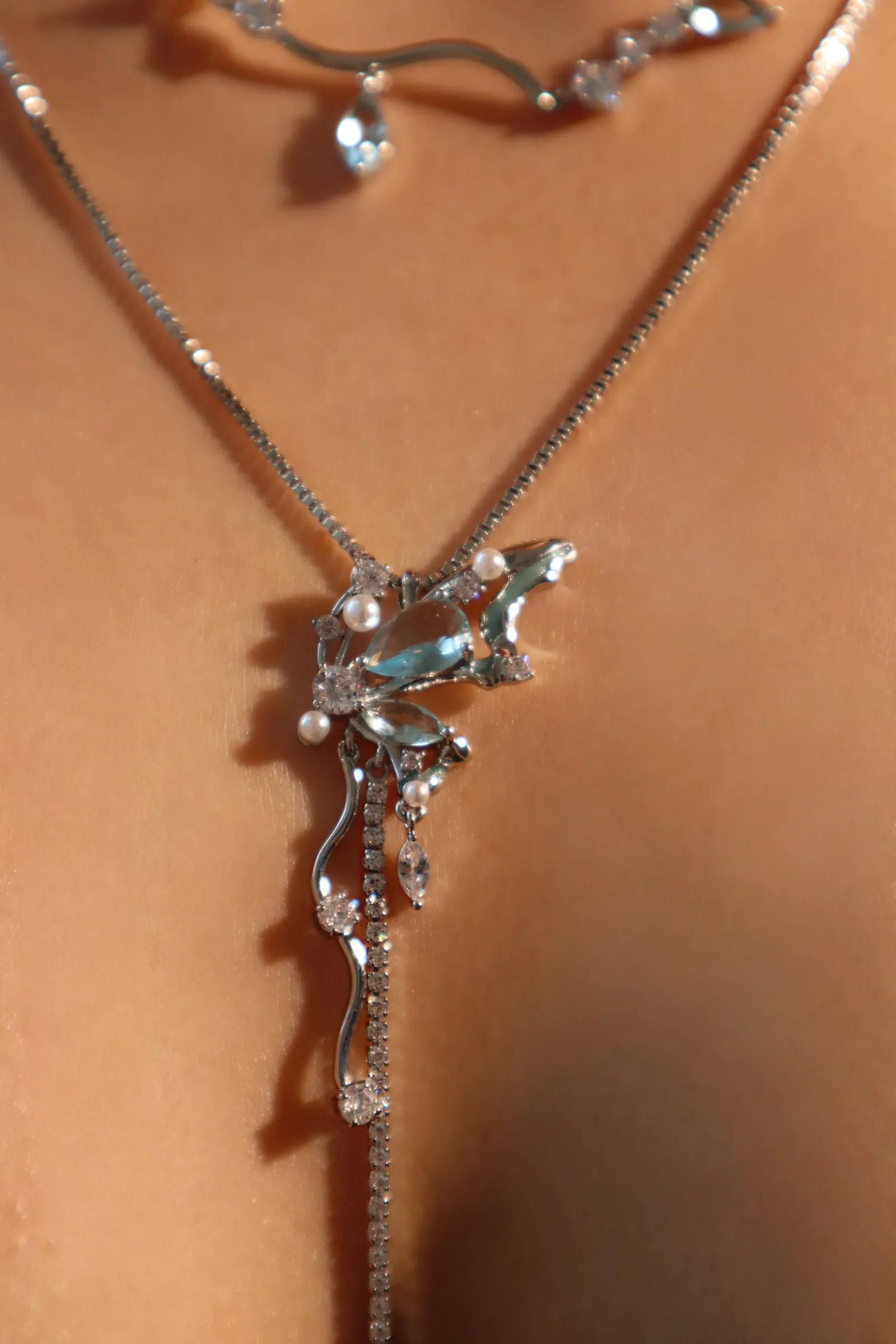 Platinum plated Blue Gem Butterfly Necklace