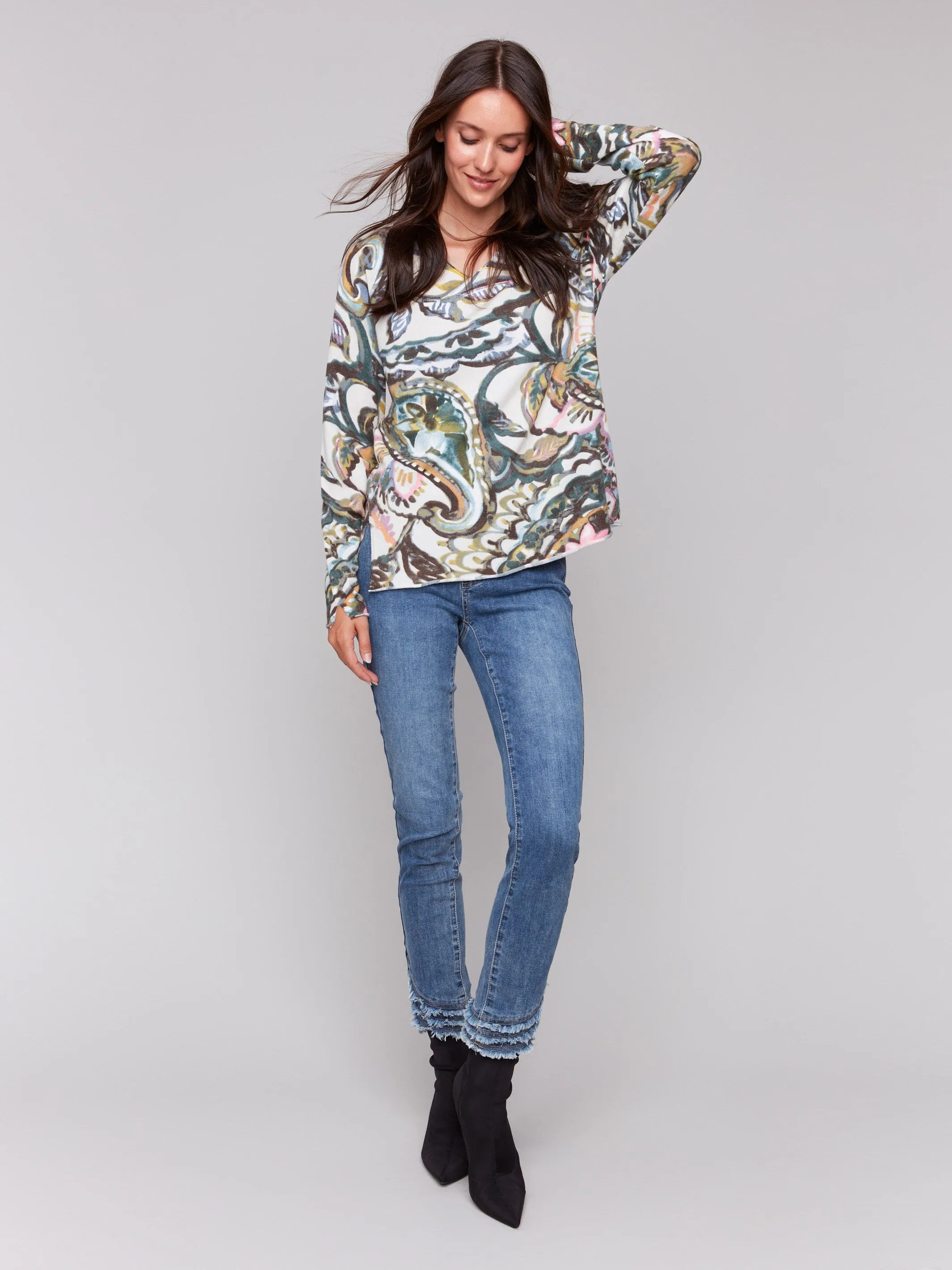 Printed V-Neck Sweater - Peacock