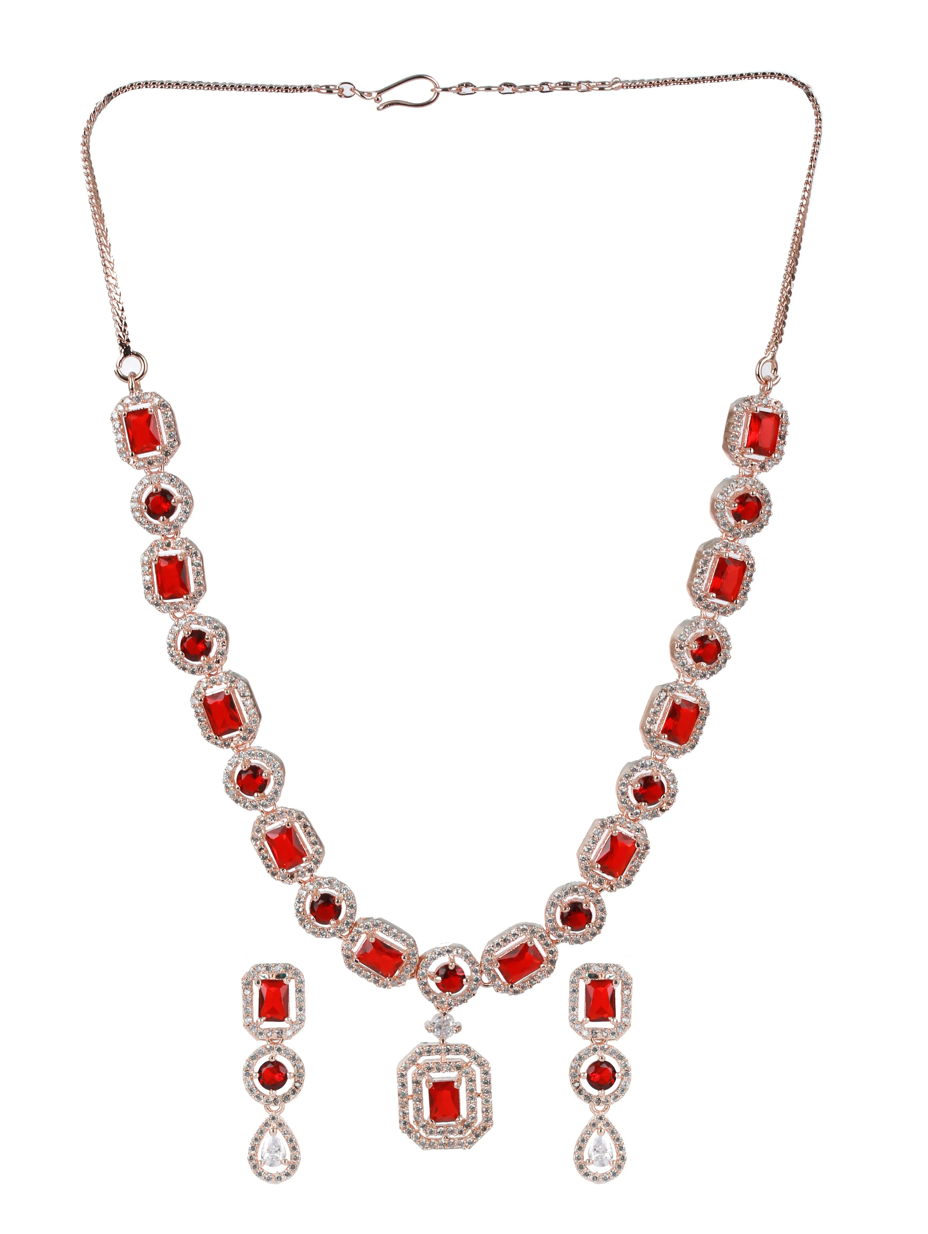 Red American Diamond Rose Gold-Plated & Cz Studded Jewellery Set