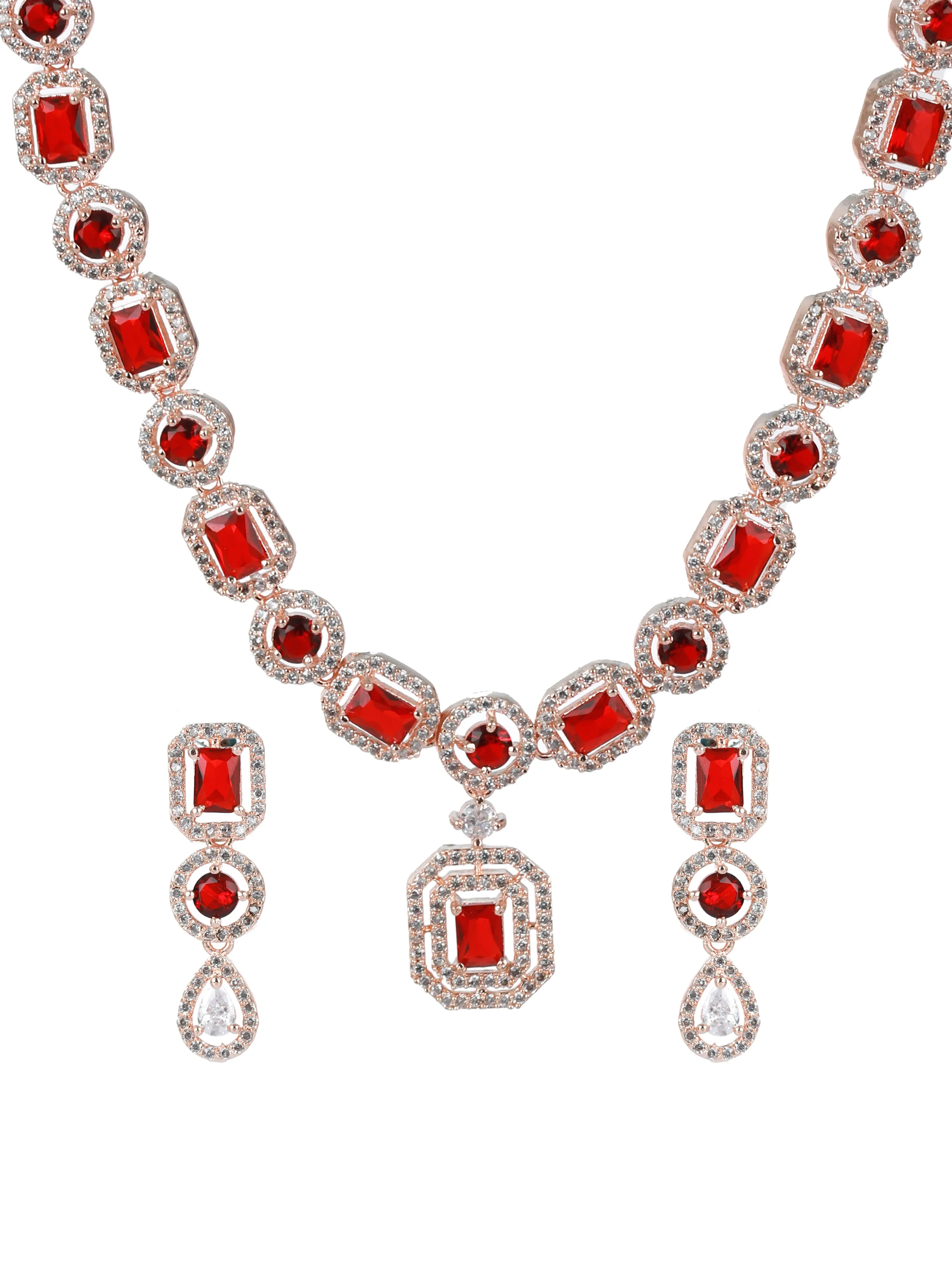 Red American Diamond Rose Gold-Plated & Cz Studded Jewellery Set