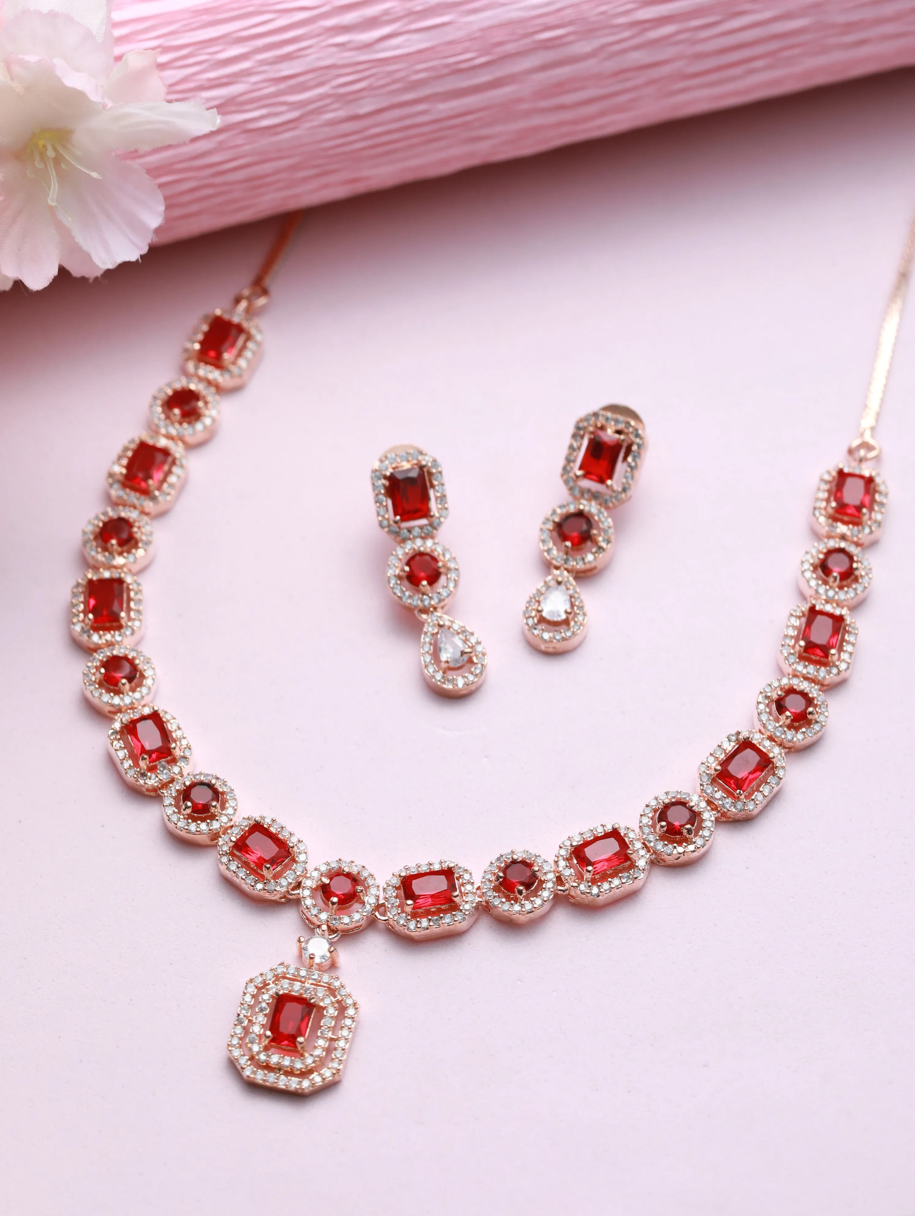 Red American Diamond Rose Gold-Plated & Cz Studded Jewellery Set