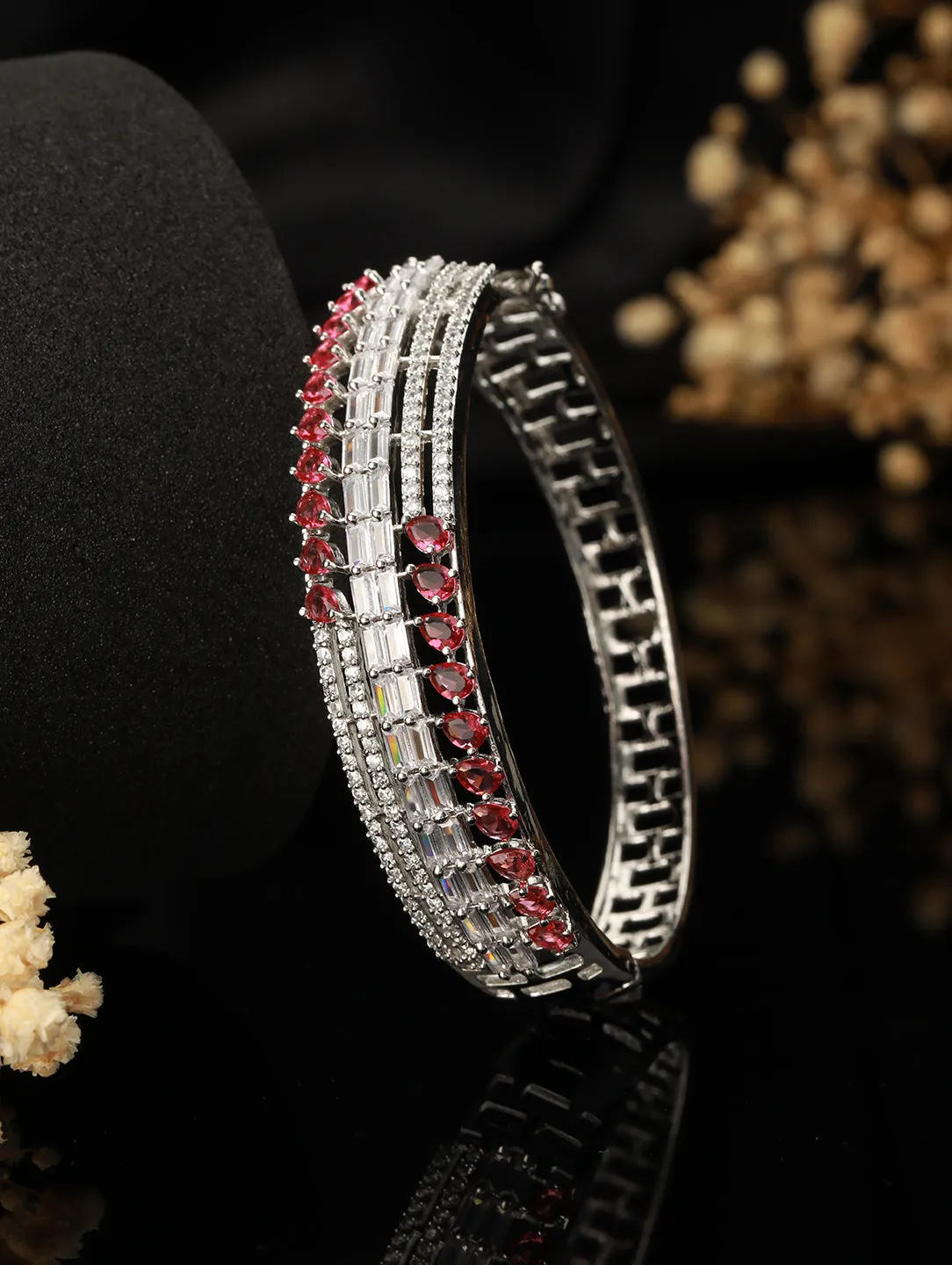 Red American Diamond Studded Rhodium-Plated Link Bracelet