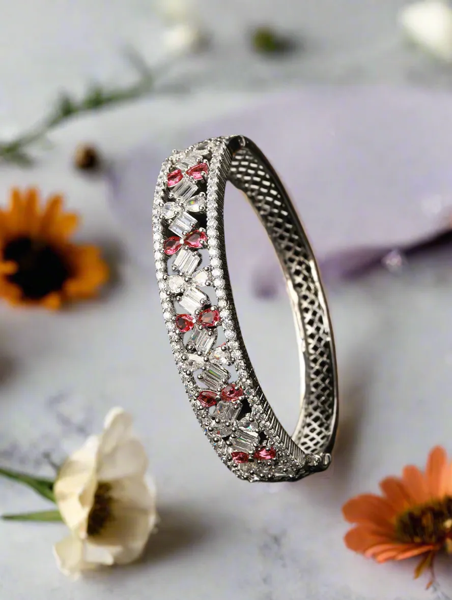 Red & White American Diamond Studded Rhodium-Plated Link Bracelet