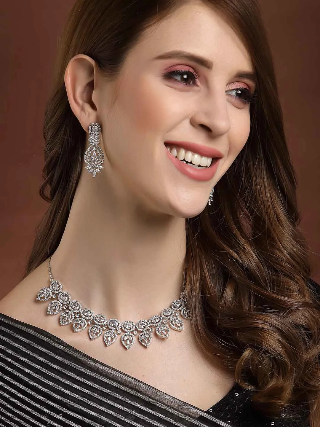 Rhodium-Plated White American Diamonds-Studded Handcrafted Jewellery Set