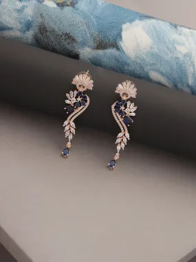 Rose Gold & Blue American Diamond Studded Floral Drop Earrings