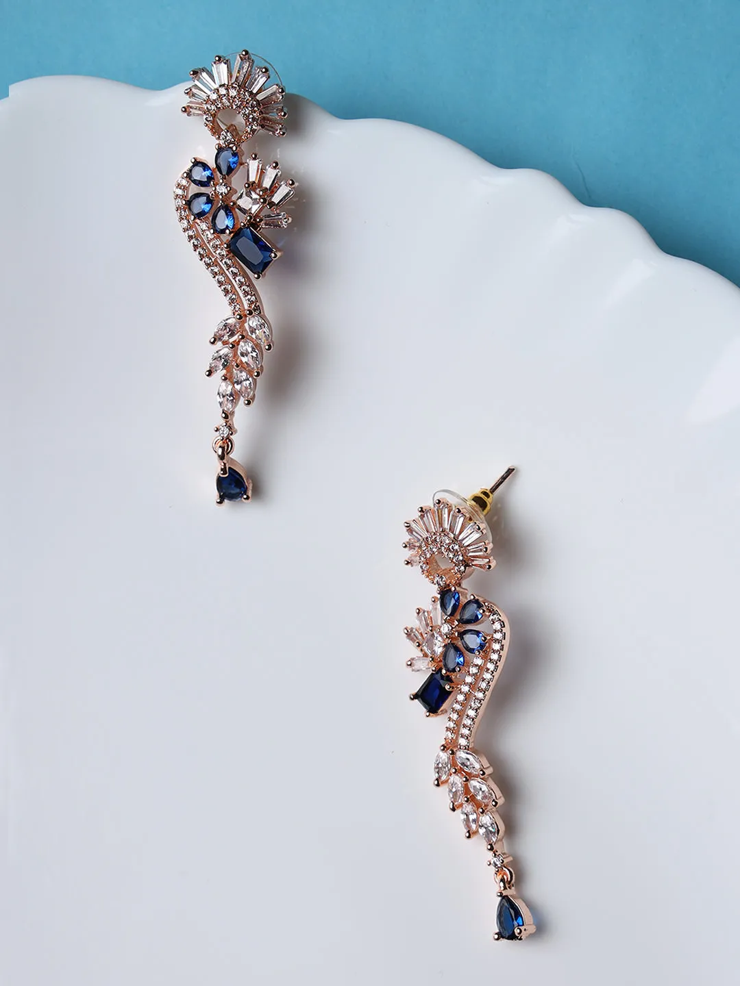 Rose Gold & Blue American Diamond Studded Floral Drop Earrings