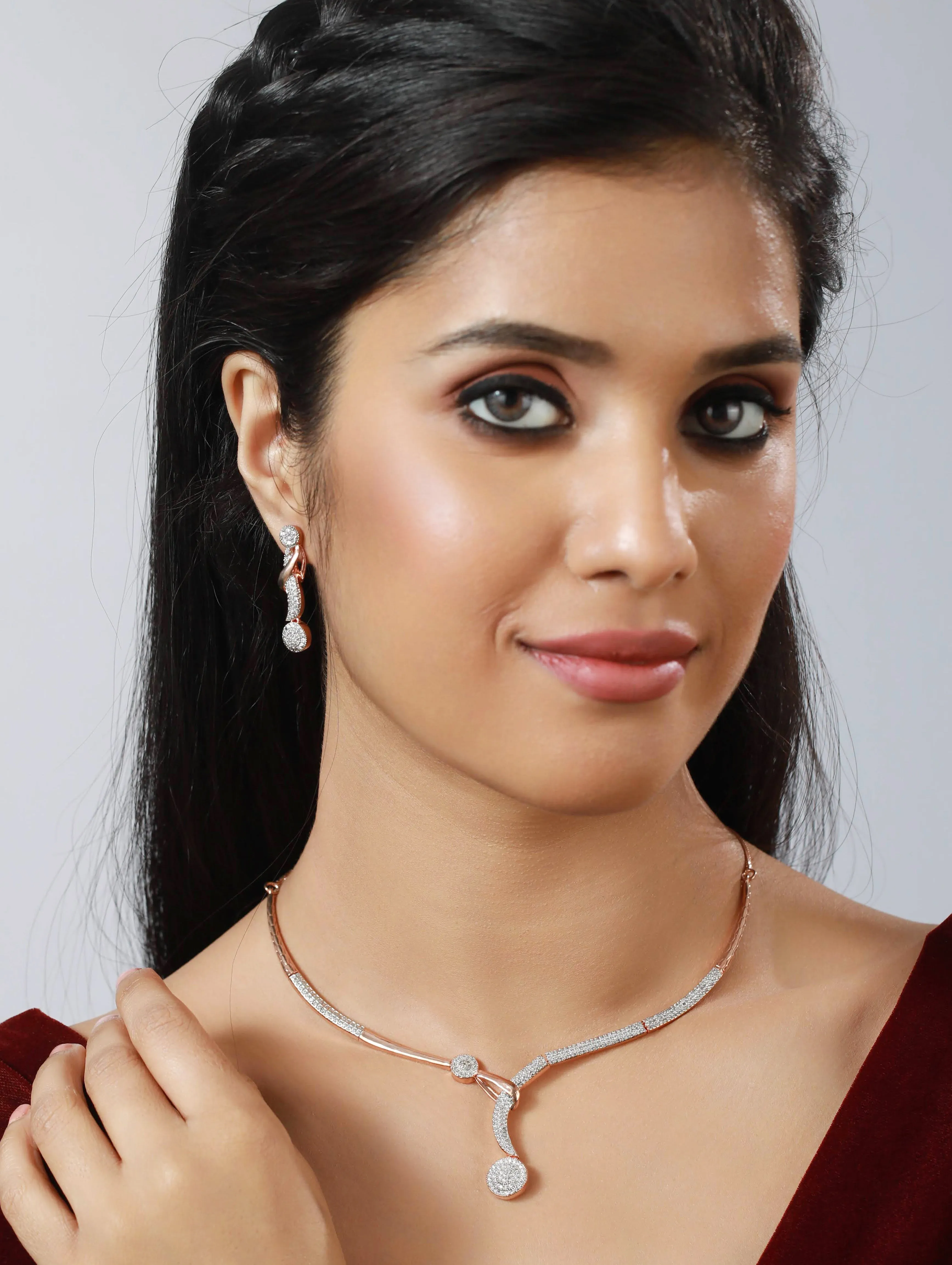 Rose Gold-Plated American Diamond & Cz Stone-Studded Jewellery Set