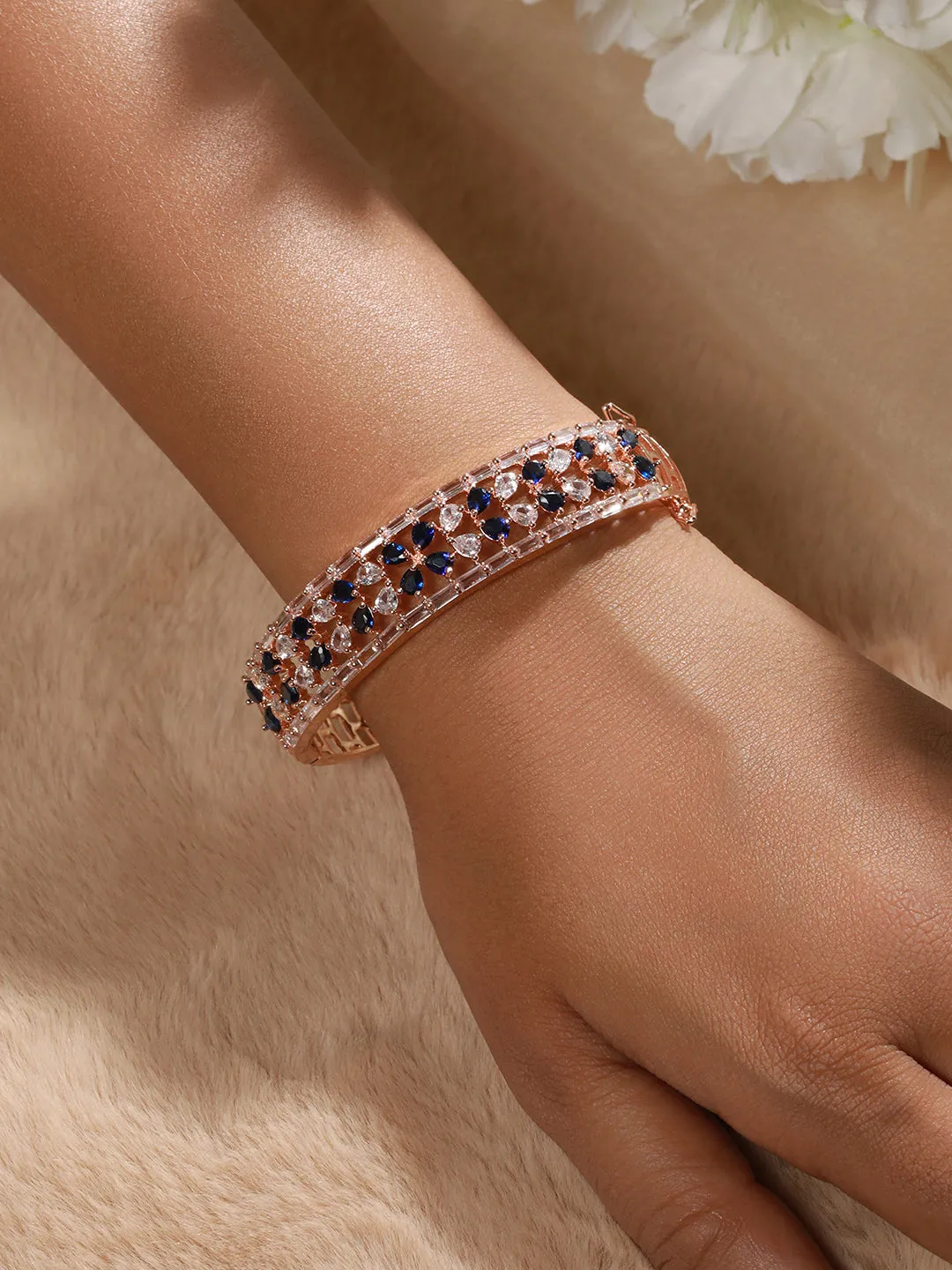 Rose Gold Plated & Blue American Diamond Studded Bangle Style Bracelet