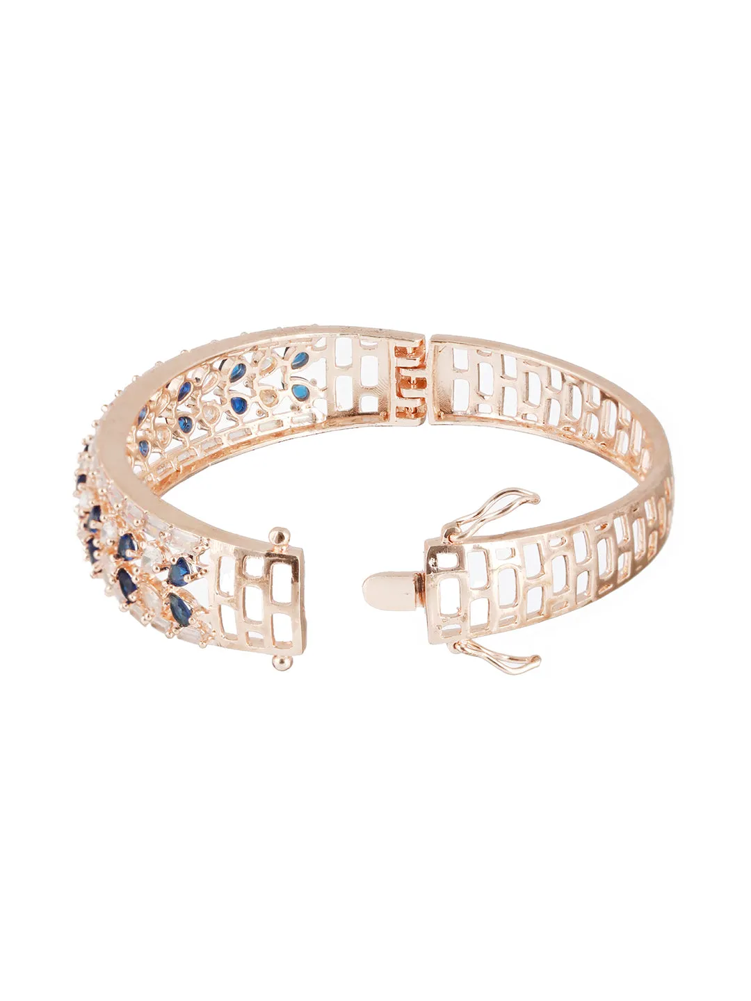 Rose Gold Plated & Blue American Diamond Studded Bangle Style Bracelet