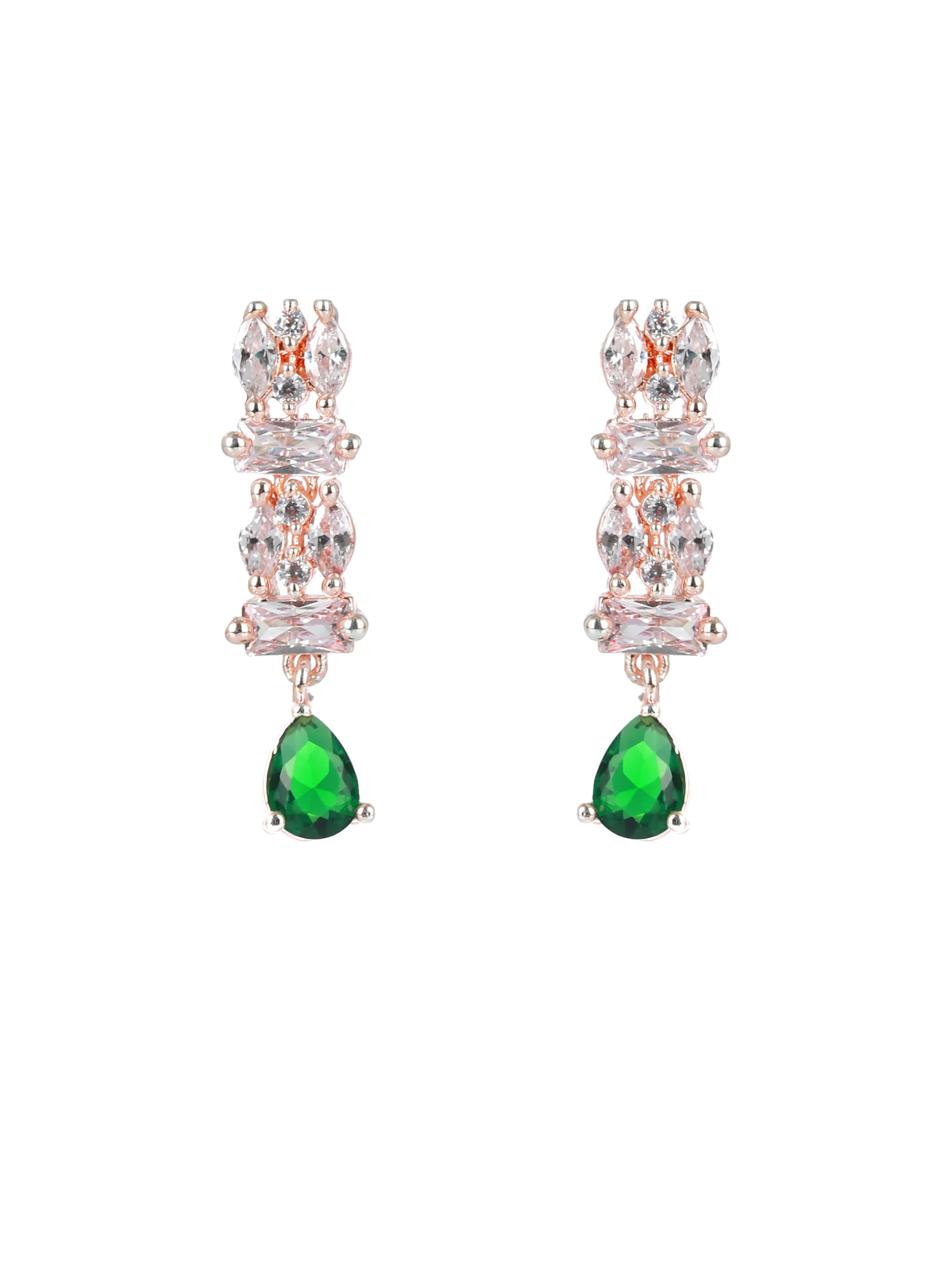 Rose Gold-Plated Green American Diamond & Cz-Studded Jewellery Set