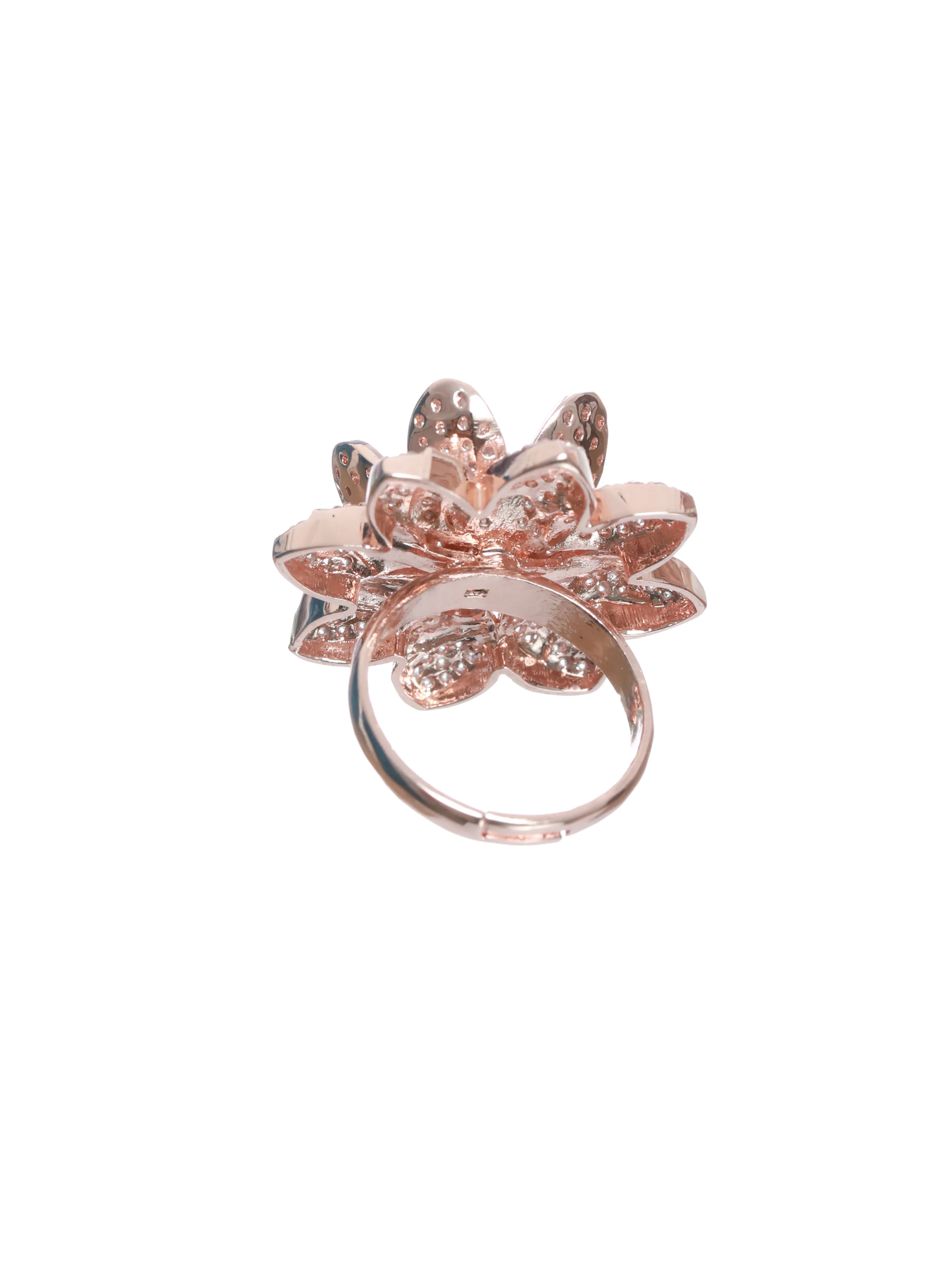 Rose Gold Plated Handcrafted American Diamond Studded Adjustable Floral Finger Ring