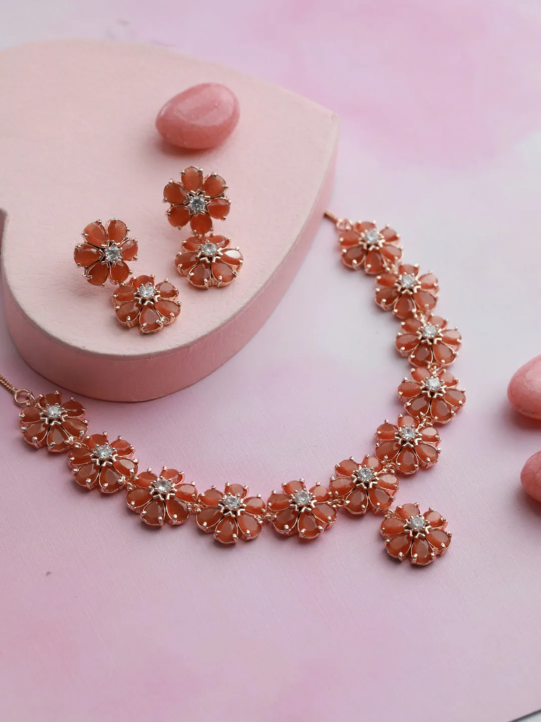 Rose Gold-Plated Peach American Diamond & Cz Stone-Studded Jewellery Set