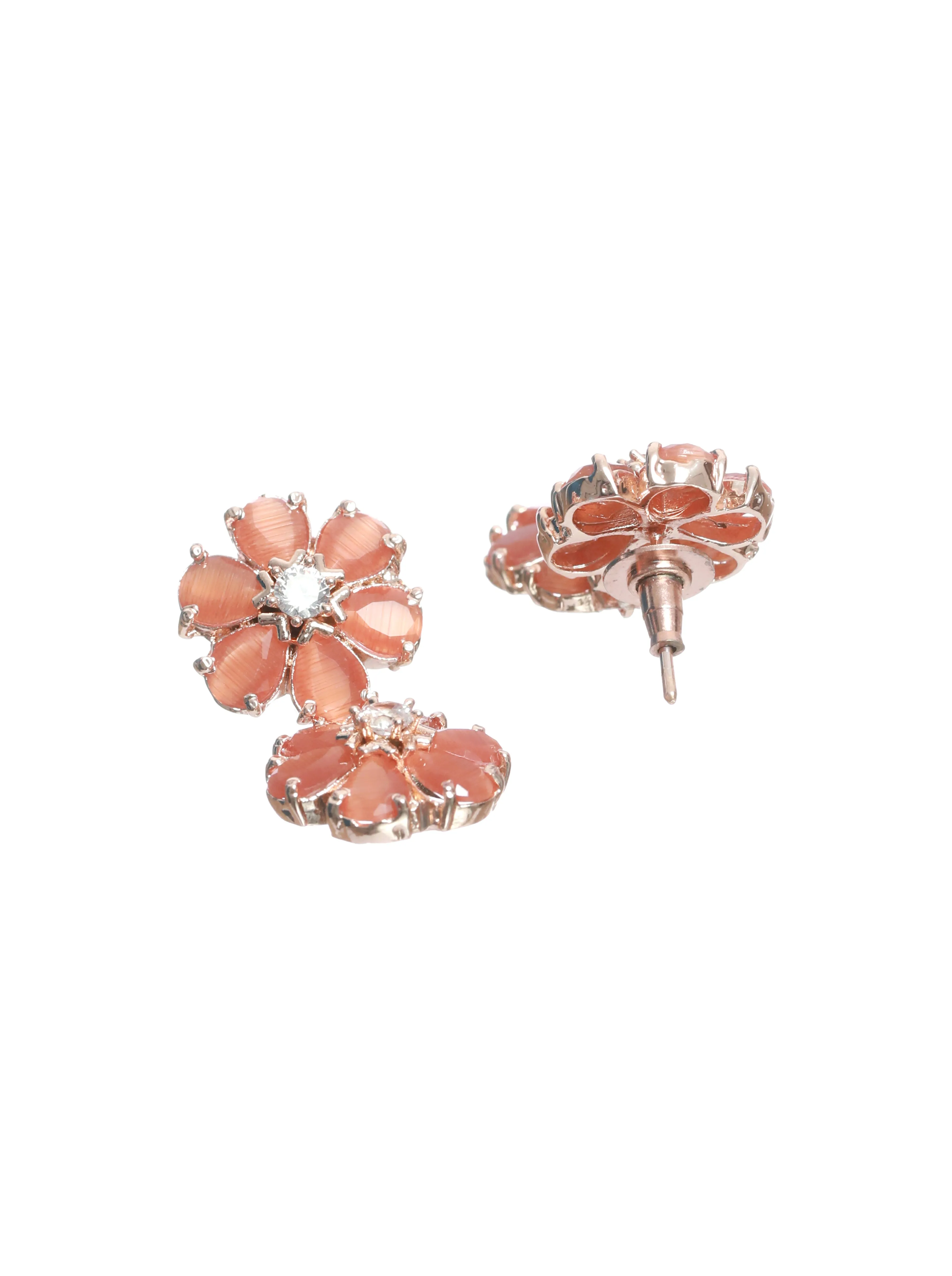 Rose Gold-Plated Peach American Diamond & Cz Stone-Studded Jewellery Set