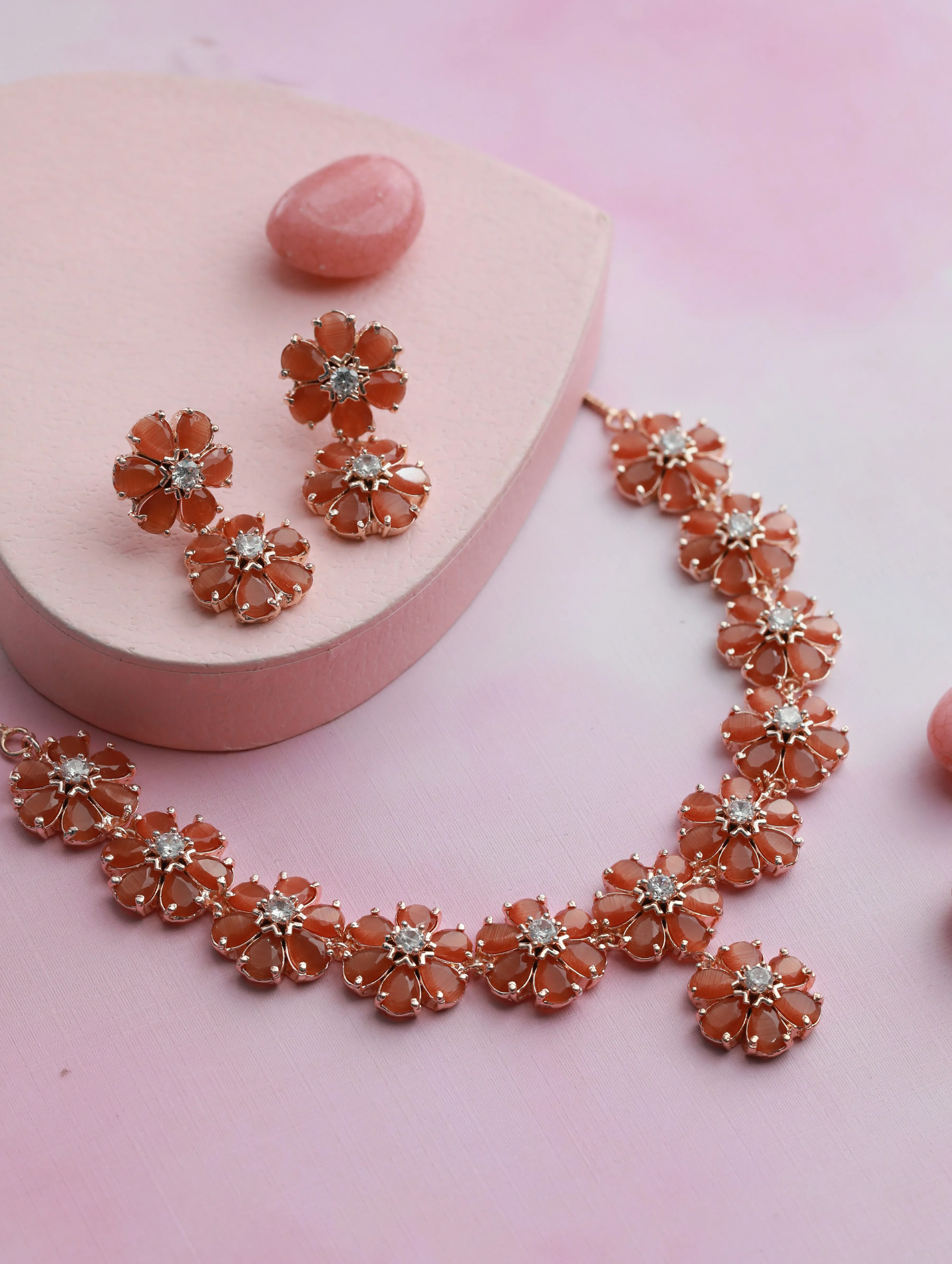 Rose Gold-Plated Peach American Diamond & Cz Stone-Studded Jewellery Set