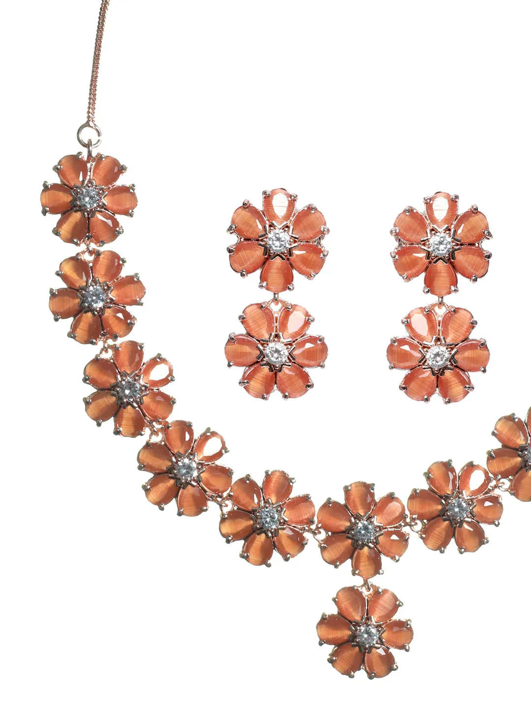 Rose Gold-Plated Peach American Diamond & Cz Stone-Studded Jewellery Set