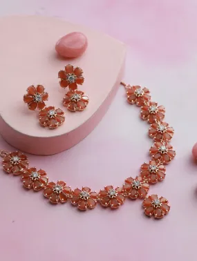 Rose Gold-Plated Peach American Diamond & Cz Stone-Studded Jewellery Set