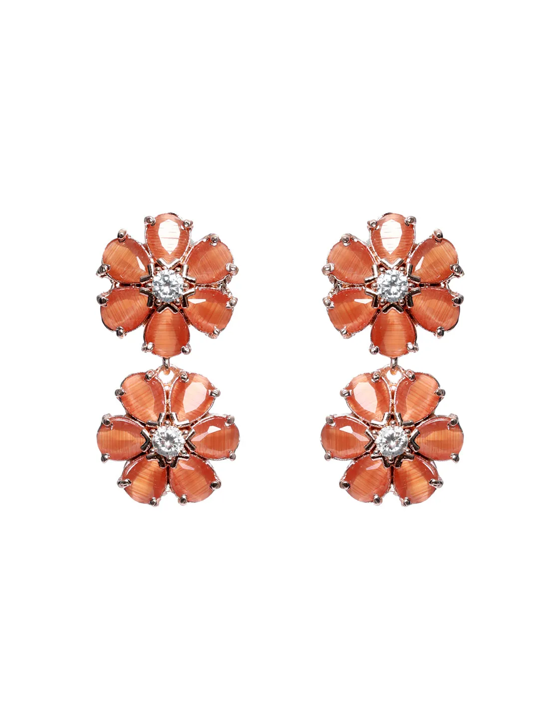 Rose Gold-Plated Peach American Diamond & Cz Stone-Studded Jewellery Set