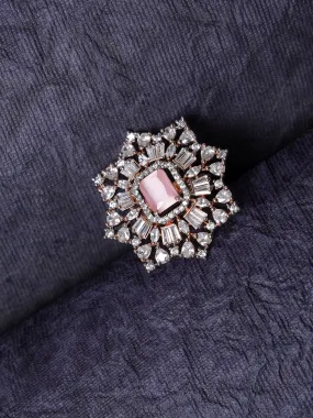 Rose Gold-Plated Pink Ruby & White Ad-Studded Handcrafted Adjustable Finger Ring