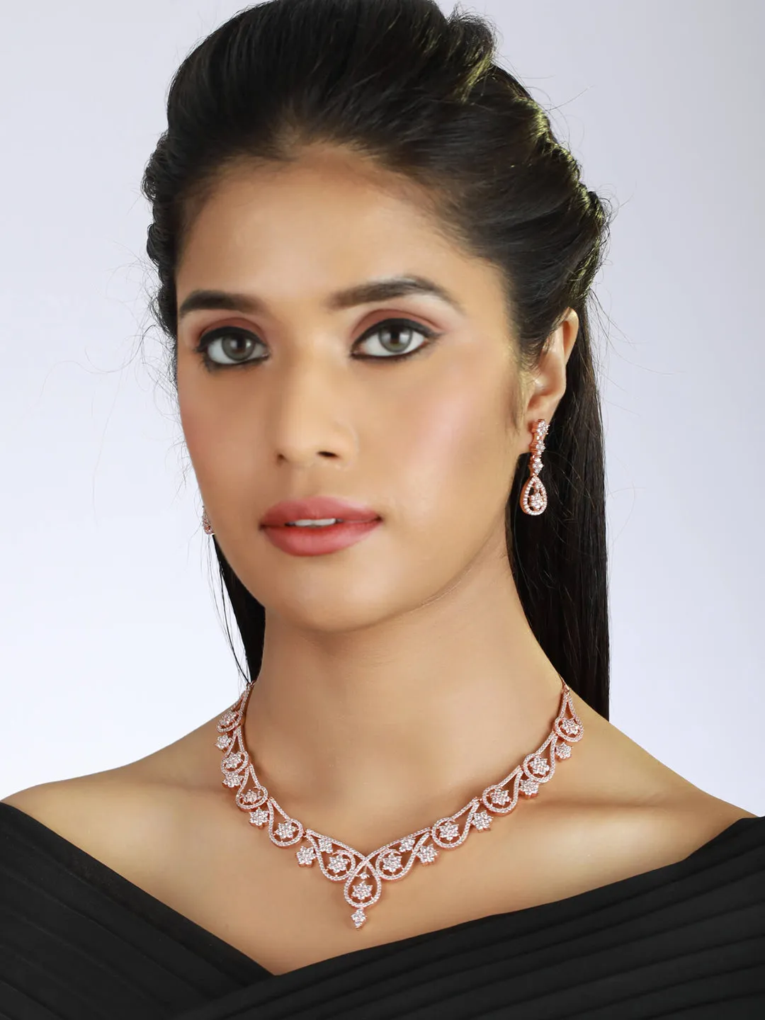 Rose Gold-Plated White American Diamond & Cz Studded Handcrafted Jewellery Set