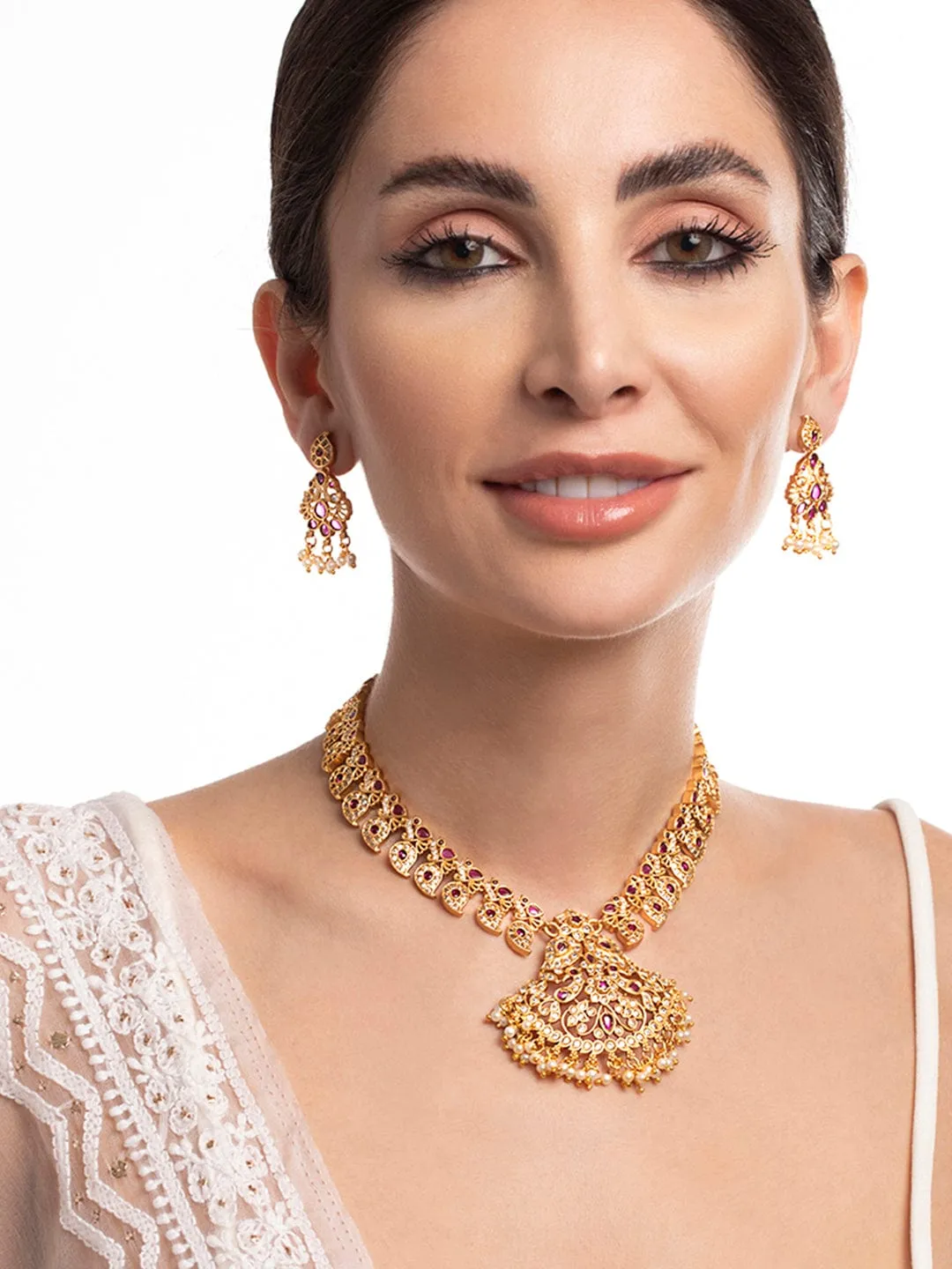 Rubans 22K Gold Plated Kundan Necklace Set With Studded Pink Stones