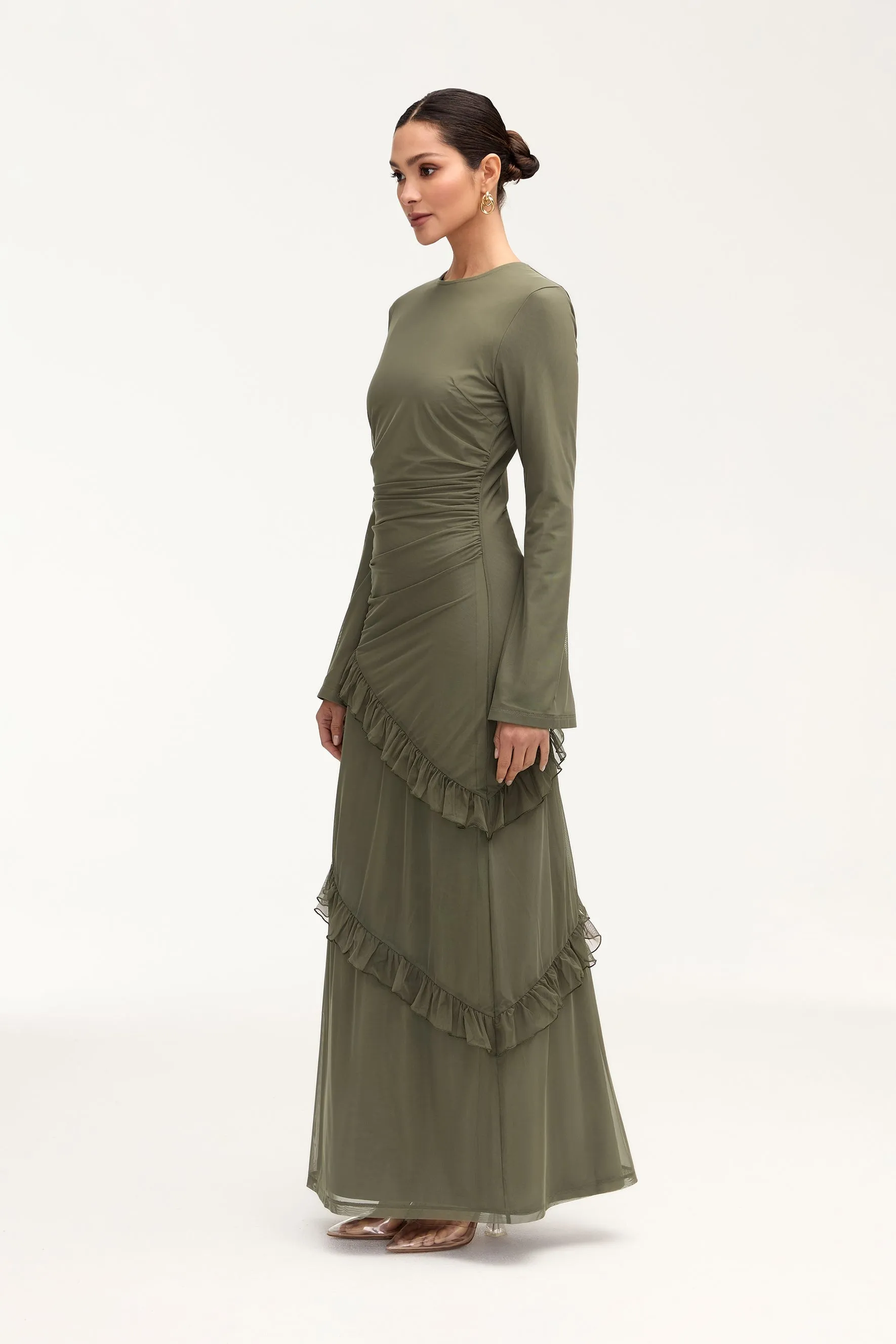 Sabrina Waterfall Mesh Maxi Dress - Smokey Olive