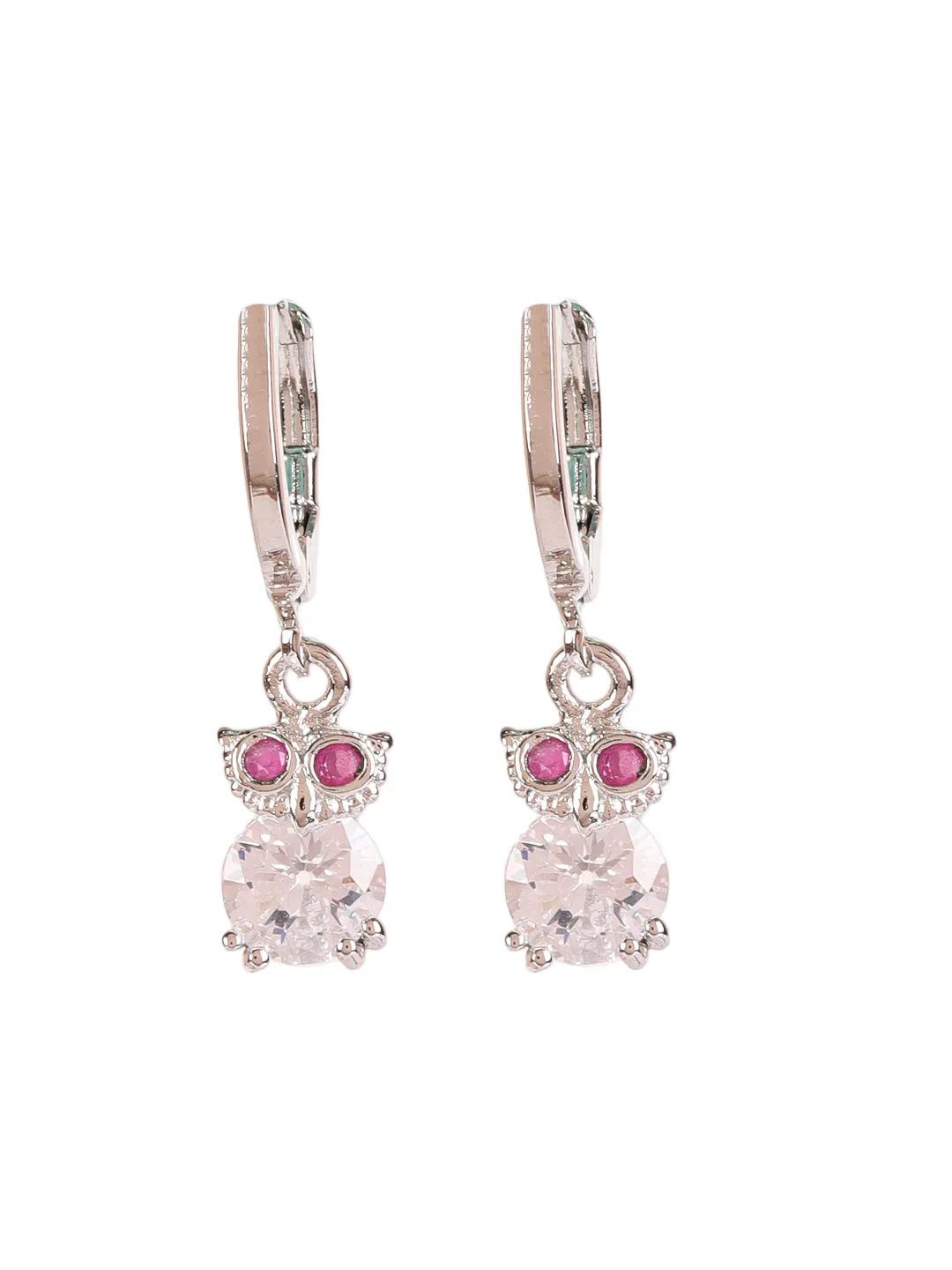 Set Of 2 American Diamond Studded Floral Rose Gold & Owl Silver Plated Drop Earring